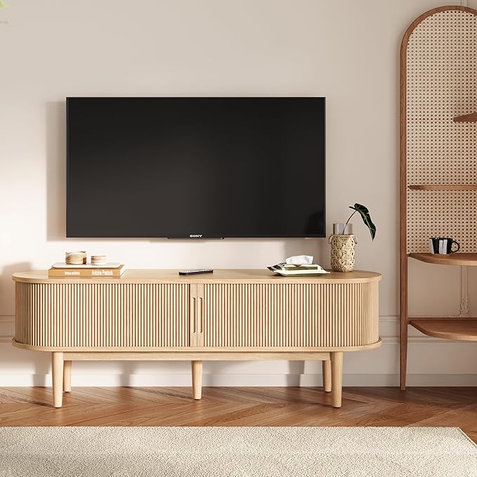 LINSY 58" Fluted TV Stand, Modern Entertainment Center for TVs Up to 65 inches, TV Console with Sliding Doors, Curved Profile Design, Media Console for Living Room, Light Wood