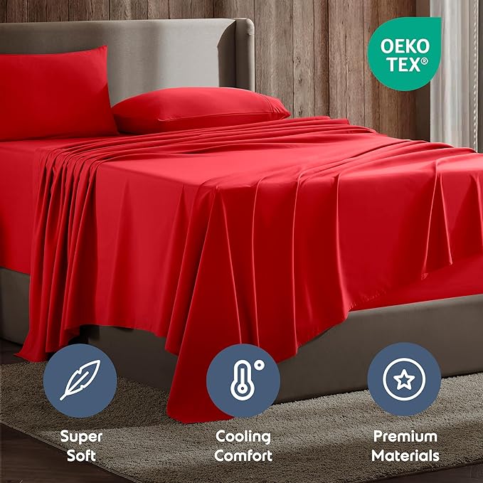 Nestl Full Sheet Set - Luxury 1800 Ultra-Soft Microfiber Full Bed Sheets - Double Brushed - Deep Pockets - Easy Fit - 4 Piece Set - Bedding Sheets & Pillowcases (Full, Red)