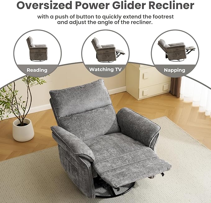 Oversized Power Recliner Chairs for Adults with Massage and Heat, Power Swivel Rocker Recliner Chair with Adjustable Headrest, 26" Extra Wide Rocker Nursery Recliner with USB Port, Dark Grey