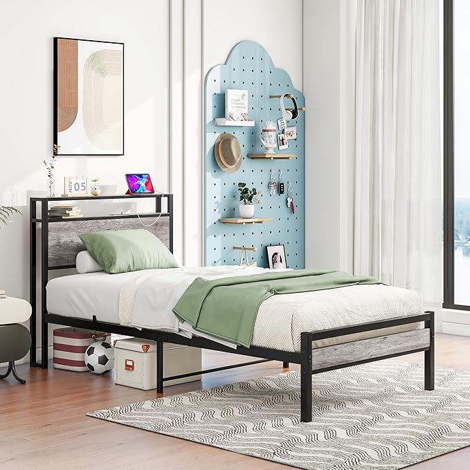 Twin Bed Frame with Storage Headboard and Charging Station, Twin Size, Heavy Duty Metal Slats, No Box Spring Needed, Dark Grey
