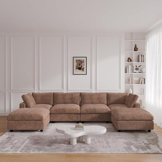 JACH Modern U Shape Sectional Couch, Convertable Modular Couches with Chaise Ottomans, Deep Seat Sofas, Sofa Covers Washable, Minimalist Plush Sofa for Living Room, Apartment, Brown