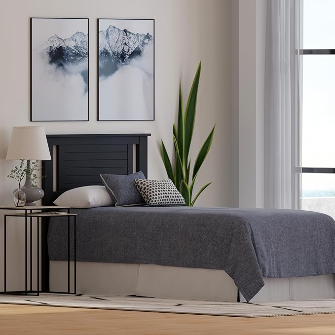 Serene Poplar Wood Twin Headboard, Modern Farmhouse Panel with Horizontal Scoring, Twin Size Headboard in Black, Casual Coastal Style, Easy Assembly, Quality Materials