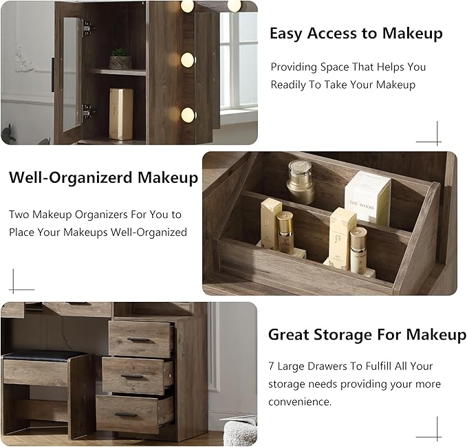 Extra Large Vanity with Folding Up Mirror and Lights,58.3'' Makeup Vanity Desk with Mirror and Lights,Outlet, Chair and Two Makeup Organizers,Dressing Table for Bedroom,Grey