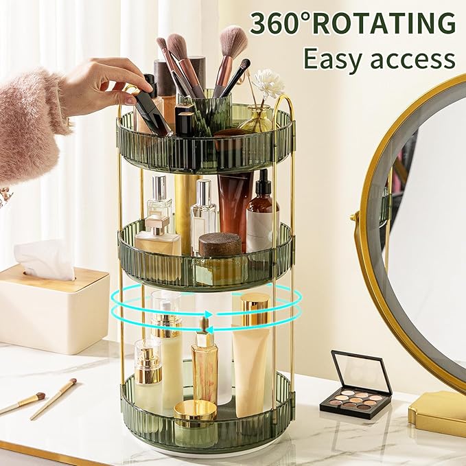 360° Rotating Makeup Organizer, Large-Capacity Skincare Make Up Storage 3 Tier Perfume Organizers Cosmetic Dresser Organizer with Makeup Brush Holder, Fits Bedroom, Bathroom, Vanity Shelf Countertop