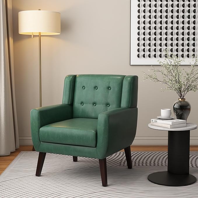 Accent Chair, Mid-Century Modern PU Leather Chairs with Arms for Living Room, Comfy Upholstered Club Single Sofa Armchair for Bedroom Waiting Room with Solid Wood Frame（Leather Green, Set of 1