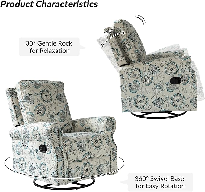 HULALA HOME Rocker Recliner Set of 2, Modern Printed Fabric Swivel Glider w/Adjustable Backrest & Footrest, Upholstered Manual Recliner Chair Home Theater Singe Sofa for Living Room Bedroom, MEDALLION