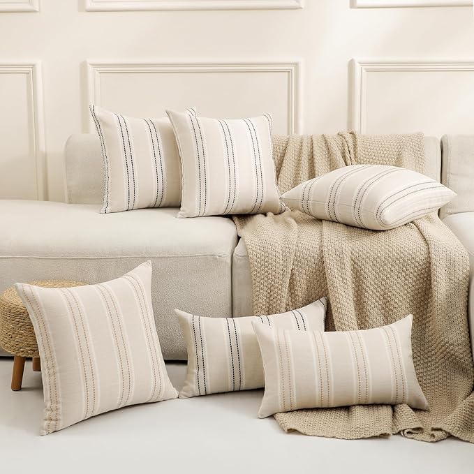 Hckot Throw Pillow Covers 12x20 Set of 2 Striped Pillow Covers Textured Linen Decorative Pillows Lumbar Cushion Covers for Sofa Couch Bed Living Room Farmhouse Decor, Khaki