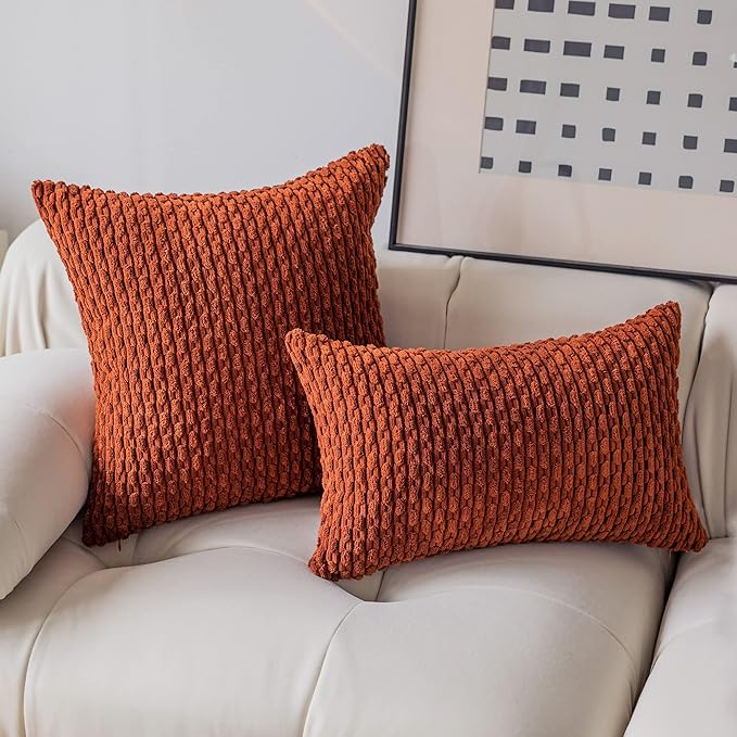 Kevin Textile Fall Pack of 2 Corduroy Decorative Throw Pillow Covers 26x26 Inch Soft Boho Striped Pillow Covers Modern Farmhouse Home Decor for Spring Sofa Living Room Couch Bed Burnt Brick