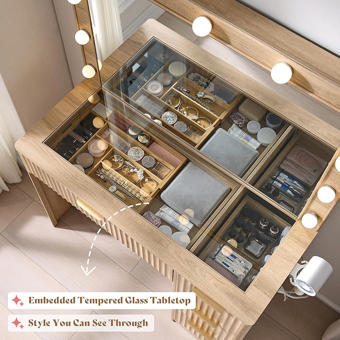 AMERLIFE 36.2" Fluted Vanity Desk with Large Mirror and Adjustable LED Lights, 4 Drawers Makeup Table with Glass Top and Charging Station for Women and Girls, Bedroom or Dorm, Oak