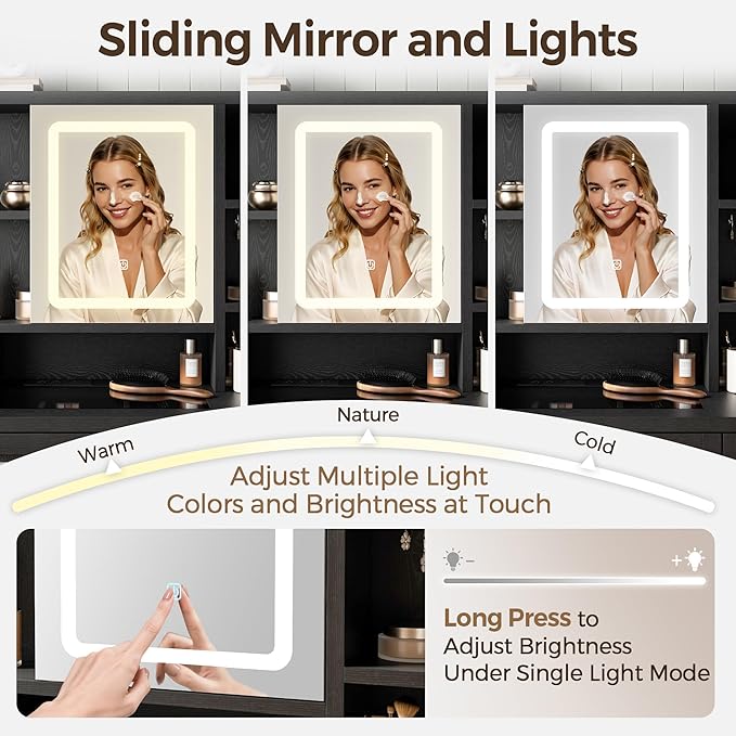 Farmhouse Makeup Vanity Desk with Sliding Mirror and Lights, Glass Desktop Makeup Vanity Desk with Charging Station, 3-Tier Hidden Slide-Out Vanity Shelves, Jewelry Storage Cabinet, 2 Drawers-Black