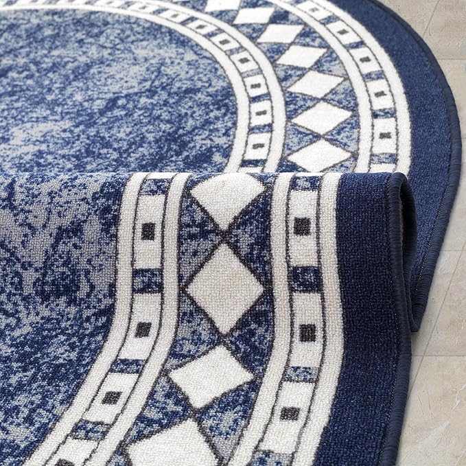 Antep Rugs Alfombras Modern Bordered 5x7 Non-Skid (Non-Slip) Low Profile Pile Rubber Backing Indoor Area Rugs (Navy Blue, 5' x 7' Oval)