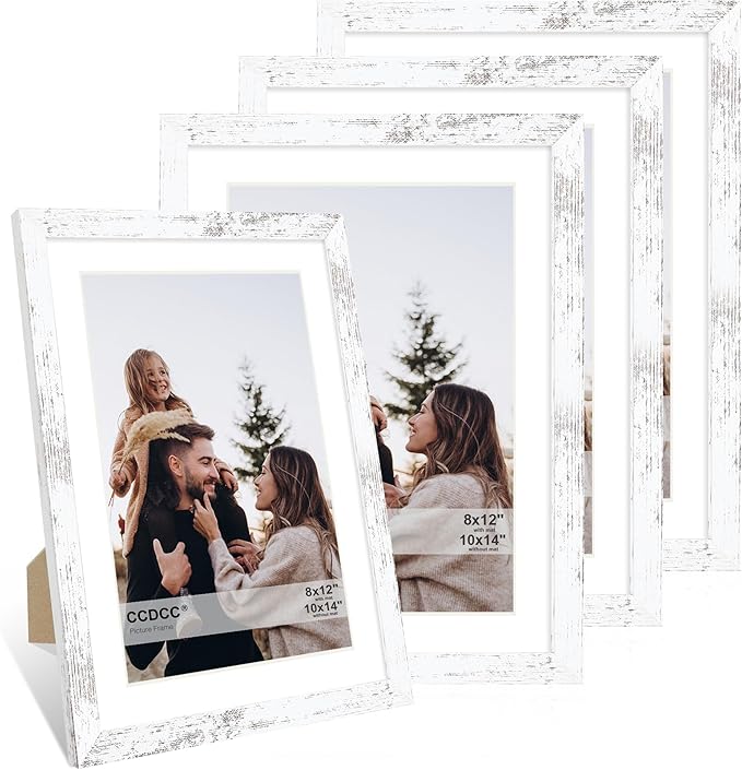 10x14 Picture Frame Set of 4, 10 x 14 Wood Photo Frames with Mat for 8x12 or 30x40cm Diamond Painting Art, Wooden Frame with Real Glass Cover for Wall and Tabletop Display,Distressed White