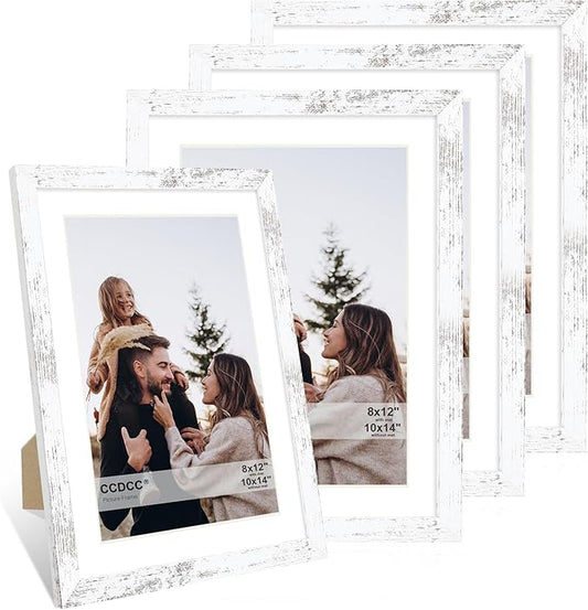 10x14 Picture Frame Set of 4, 10 x 14 Wood Photo Frames with Mat for 8x12 or 30x40cm Diamond Painting Art, Wooden Frame with Real Glass Cover for Wall and Tabletop Display,Distressed White