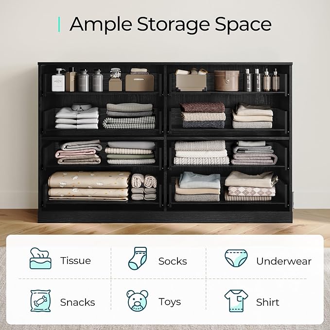 LINSY HOME 8 Drawer Dresser for Bedroom, 54" Wide Chest of Drawers, Modern TV Stand Dressers with Wood Frame and Metal Handles, Large Drawer Organizer for Bedroom, Living Room, Black