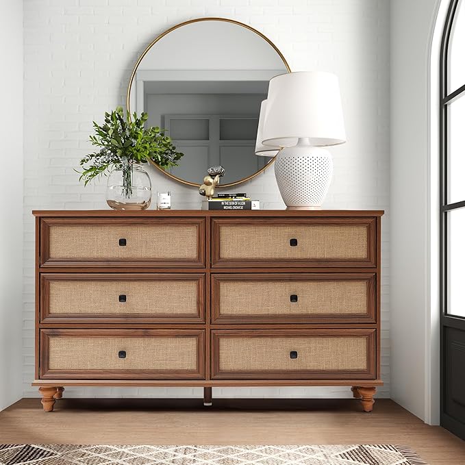 6 Drawer Dresser for Bedroom, Mid Century Modern Wide Wood Vintage Chest of Drawers Wooden Storage Organizer Burlap Rattan Drawers for Living Room, Hallway Closet, Entryway, Walnut