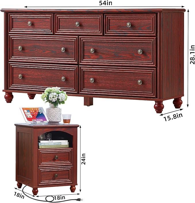 Dressers & Night Stand Set of 3, Wood 54" Wide Dresser & 18" with Charging Station Chest of Drawers, Roman Column Nightstand Set of 2, Bedroom Furniture Dresser Suites for Home Living Room Hallway