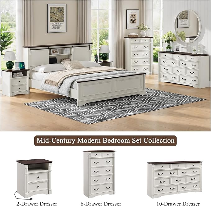 White 6 Drawers Dresser, 47" Tall Dresser for Bedroom, Wood Rustic Tall Chest of Drawers with Chic Wood Pilasters, Farmhouse Dressers Organizer for Bedroom, Hallway