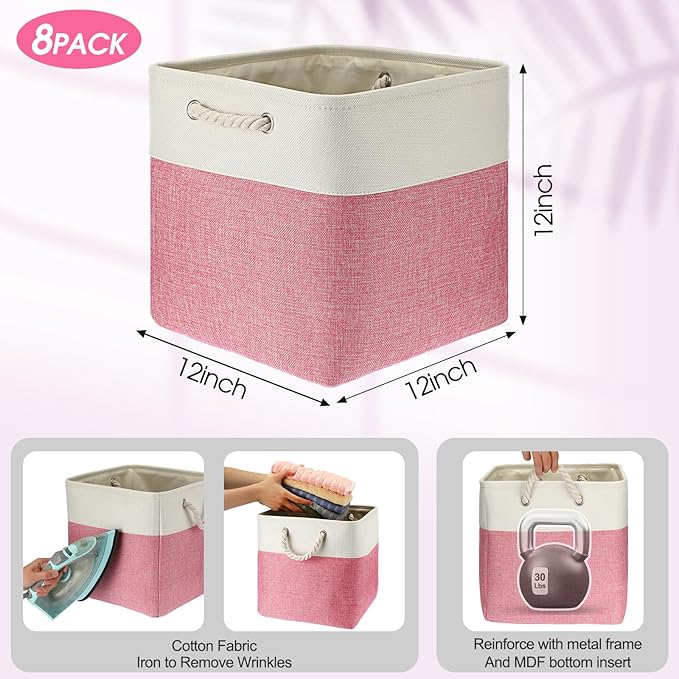 meekoo 8 Pack Collapsible Storage Bins Fabric Storage Bins Polyester Fabric Baskets with Handles Linen Closet Organizer for Shelf Home Closet Towels Toys(12 x 12 x 12 in,Pink White)