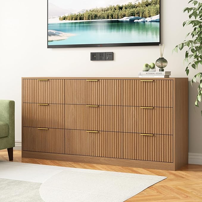 9 Drawer Dresser for Bedroom with Deep Drawers, 63" Wide Wood Dresser, Large Floor Chest of Drawers, Modern Long TV Stand, Mid Century Storage Cabinet Side Table, Natural