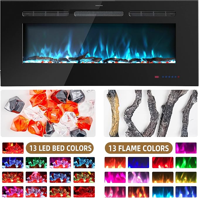 72" Fireplace TV Stand, Entertainment Center with 36" Electric Fireplace, LED Light Wood Storage Cabinet Table, Media Console for TVs Up to 80", Thermostat, 13 Flame Colors, Grey