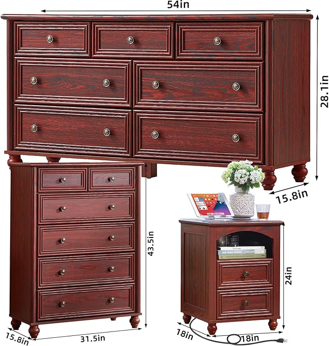 Farmhouse Dressers & Night Stand Set of 3, Wood 54" Wide Dresser & 43.5"Tall Chest of Drawers, 18" with Charging Station Nightstand, Bedroom Furniture 7 Drawer Dresser Set for Home Living Room Hallway