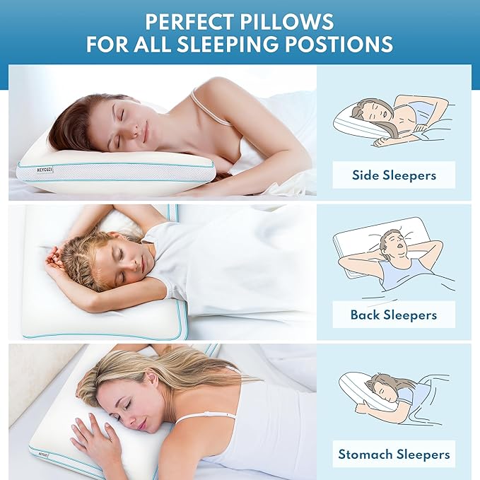 Pillow Queen Size Set of 1 for Sleeping - Fluffy Down Alternative Microfiber and Memory Foam Fill, Gusseted Soft Bed Pillow for Side,Back,and Stomach Sleepers,Breathable Hotel Pillows (Medium)