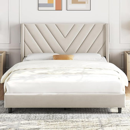 Yaheetech Full Bed Frame Upholstered Platform Bed with Wing Side Tufted Headboard/Sturdy Wooden Slat Support/No Box Spring Needed/Mattress Foundation,Beige Full Bed