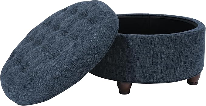 Homepop Home Decor | Large Button Tufted Woven Round Storage Ottoman for Living Room & Bedroom (Navy Woven) 25 inch D x 25 inch W x 15 inch H
