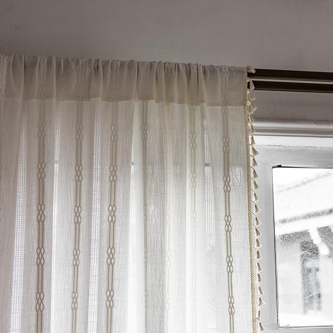 Boho Curtains for Bedroom Embroidery Striped Farmhouse 84 Inches Long 2 Pannels Set White Linen Light Filtering for Living Room Rod Pocket Drapes(52" W x 84" L,White)