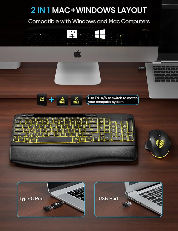 SABLUTE Wireless Keyboard and Mouse Combo - Ergonomic Wave Keyboard with Soft Leather Wrist Rest, Phone Holder, Rechargeable, RGB Backlit Mouse, Full-Size Set for Windows/Mac/Computer (Black)