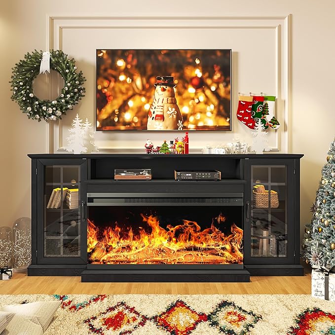 oneinmil 36 Inch 3-Sided Glass Fireplace TV Stand for TVs up to 80", Rustic Media Entertainment Center Console Table with Glass Door Closed Storage, Set of TV Table, Black