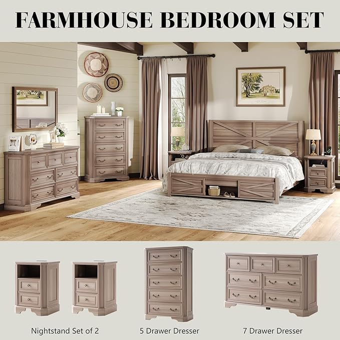 Farmhouse 48" Tall 5 Drawers Dresser for Bedroom, Wood Rustic Chest of Drawers with Corner Bevel Shape, Closet Storage Dressers Organizer for Bedroom, Living Room, Hallway, Grey Walnut