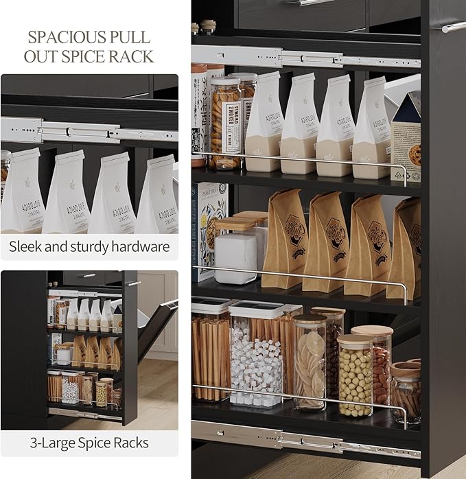 4 EVER WINNER Rolling Kitchen Island Cart with Trash Can Storage,Kitchen Island on Wheels with Marble Countertop, Kitchen Islands Table with Spice Rack & Towel Rack, Black