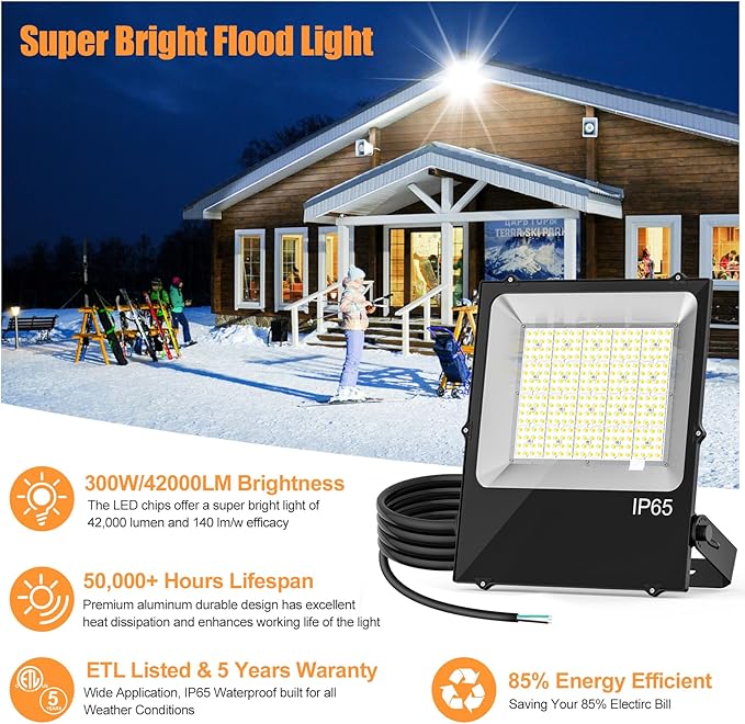 10 Pack LED Flood Light Fixture 300W 36000LM ETL Listed 5000K Outdoor Floodlight Security Lighting IP65 Waterproof for Parking Lot Sports Fields Billboard Arena Yard Garage AC100-277V
