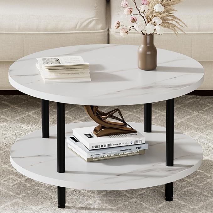 Round Coffee Table, 23.6" Circle Coffee Table for Living Room, 2-Tier Wood Accent Center Table with Open Storage Industrial Design Home Furniture, White