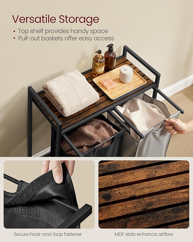 VASAGLE Laundry Hamper, Laundry Basket, Laundry Sorter with 2 Pull-Out and Removable Bags, Shelf, Metal Frame, 2 x 12.1 Gallons (46 L), 28.8 x 13 x 28.4 Inches, Bicolor and Rustic Brown UBLH201X01