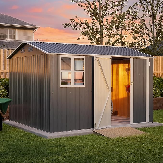 10 x 8 FT Outdoor Storage Shed with Floor, Metal Garden Tool Shed with Vents,Windows,Slooping Roof and Lockable Doors, All-Weather Bike Shed Easy to Assemble for Backyard, Patio, Lawn, Grey