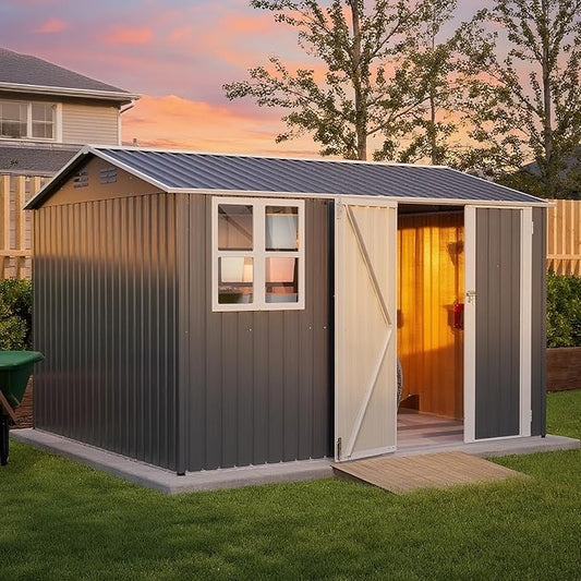 10 x 8 FT Outdoor Storage Shed with Floor, Metal Garden Tool Shed with Vents,Windows,Slooping Roof and Lockable Doors, All-Weather Bike Shed Easy to Assemble for Backyard, Patio, Lawn, Grey