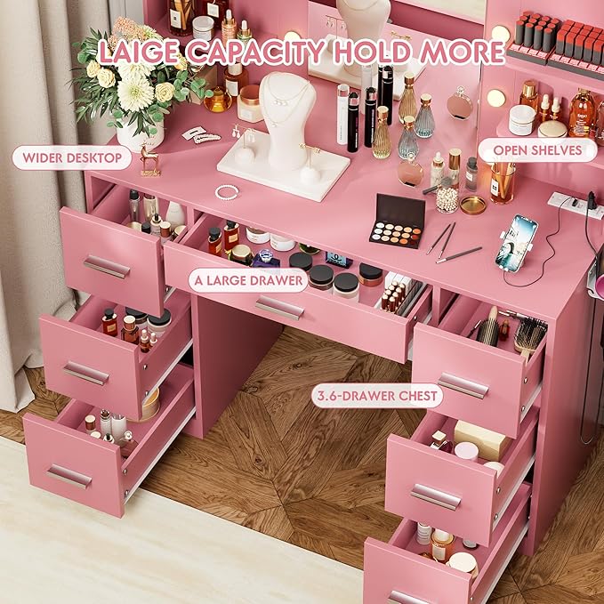 VICTONE Vanity Desk with LED Lighted Mirror&Power Outlet, 3 Model Lights Makeup Vanity Table with 7 Drawers and 6 Storage Shelves for Bedroom and Dressing Room (Light Pink)