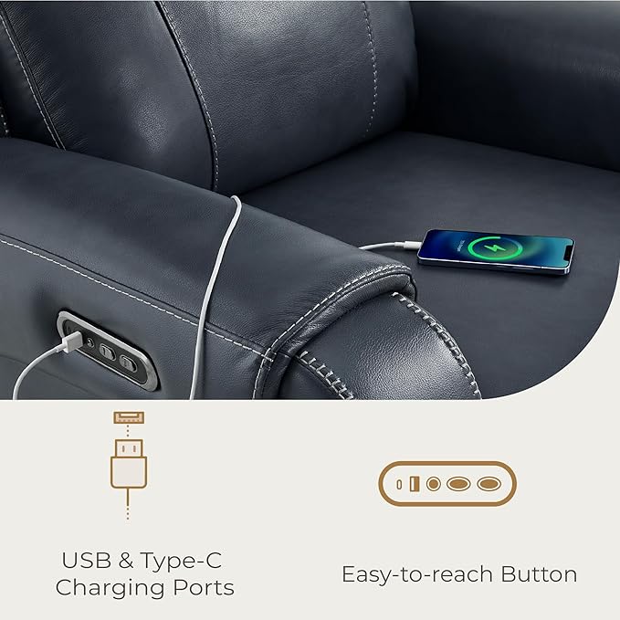 CHITA Genuine Leather Power Recliner Chair for Adults, Electric Wall Hugger Recliner with Adjustable Power Headrest & USB/Type-C Ports, Compact for Small Spaces & Living Rooms, Navy Blue