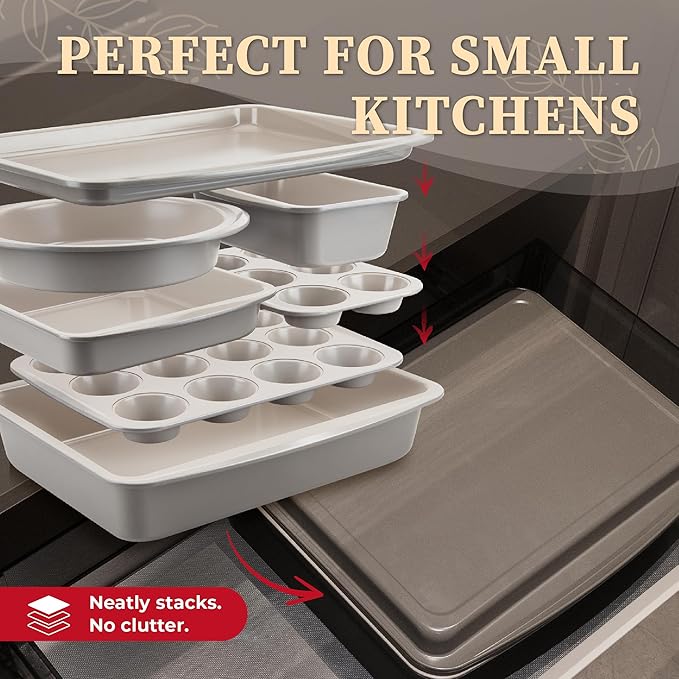 CARTMAN Bakeware Set 9-pieces Brown with Round/Square Cake Pan,Loaf Pan,6/12 Cup Muffin Pan,Cookie Sheet, Brush and Spatula, Carbon Steel Bake Set, Nonstick Stainless Steel Baking Pans Set