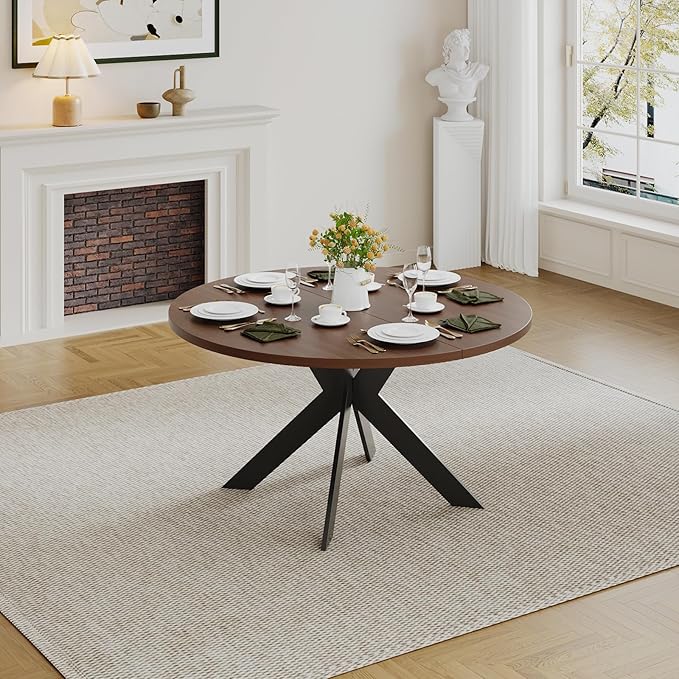 45.3" Round Walnut Dining Table for 4 – Mid-Century Modern Pedestal Table for Kitchen, Dining Room, Small Apartment or Breakfast Nook