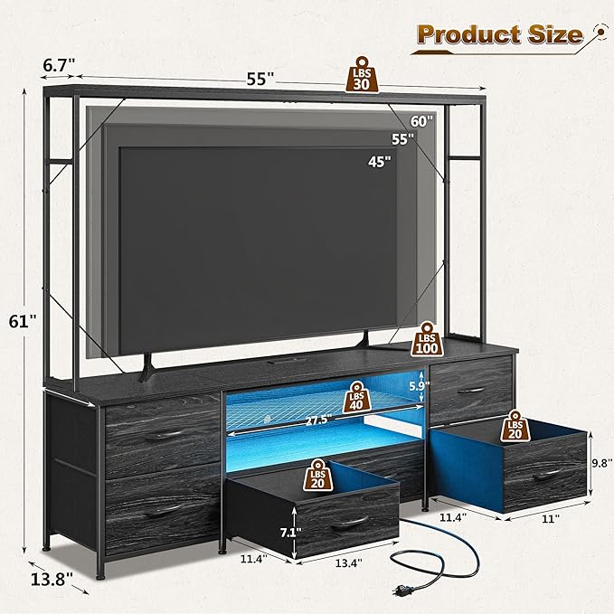 TV Stand for 55 60 inch TV, Large Wall Unit Entertainment Center with LED Lights & Power Outlets, TV Stands for Living Room, Closet, Entryway,13.8" D x 55" W x 61" H, Black