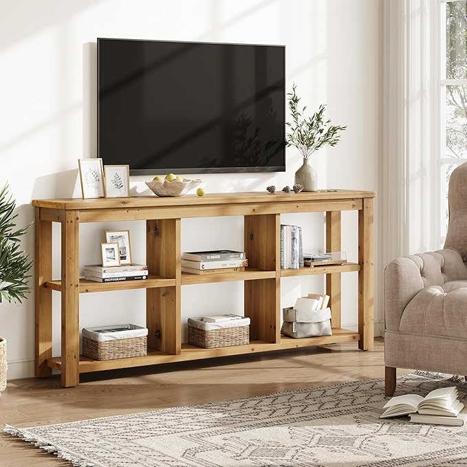 Solid Wood Horizontal Bookcase with Adjustable Shelves, 6 Cubes Storage Organizer Long Bookshelf, Farmhouse Low Cubby Bookcase for Living Room, Home Office, 63 Inches