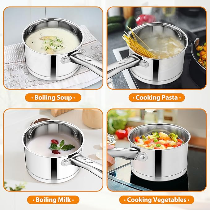 TeamFar Saucepan with Lid, 1QT & 2QT Stainless Steel Sauce Milk Pan with Tri-ply Bottom for Induction/Gas/Electric/Ceramic, Healthy & Heavy Duty, Mirror Finish & Straight Side, Dishwasher Safe