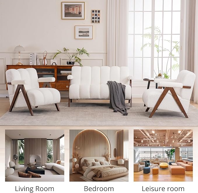 Mid Century Modern Accent Chair Loveseat Sofa with Solid Wood Frame, Boucle Upholstered Living Room Chairs with Thick Cushion, Comfy Tufted Arm Chair for Bedroom, Ivory