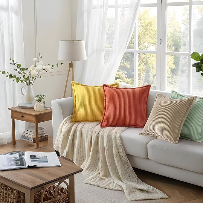 Mecatny Corduroy Throw Pillow Covers 16x16 Set of 2, Neutral Decorative Soft Boho Couch Pillow Covers with Broadside for Sofa Living Room, Mustard Yellow