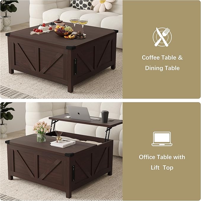 35'' Farmhouse Lift Top Coffee Table, Coffee Table with Storage and Large Hidden Storage, Square Coffee Tables with Charging Station&USB Ports, Lift Coffee Tables for Living Room, Brown