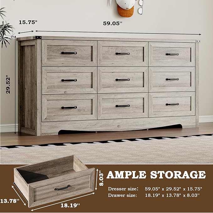 9-Drawer Dresser for Bedroom, Modern Wooden Chest of Drawers with Metal Handles, Anti-Tipping Design, Sturdy and Stable Storage Organizer for Living Room, Entryway, Home Office