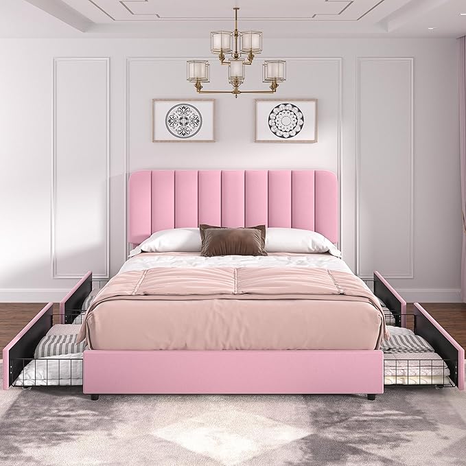 VECELO Queen Size Upholstered Bed Frame with 4 Drawers and Headboard, Velvet Platform Storage Bedframe, Wooden Slats Support, No Box Spring Needed,Pink